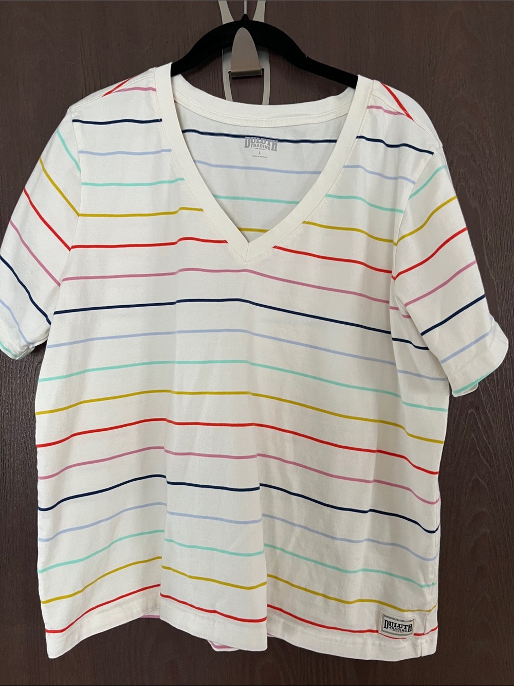 Duluth Trading Co White V-Neck Tee with Multicolor Stripes